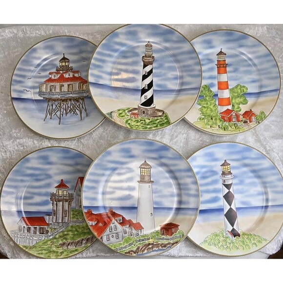Royal Norfolk Set Of 6 Decorative Lighthouses Nautical ~7.5"  Salad Plates - Picture 1 of 12